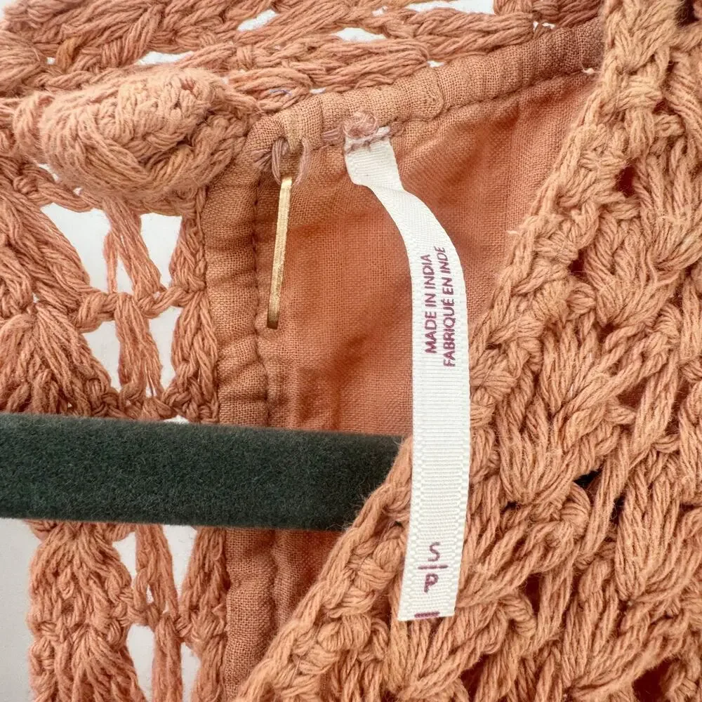 Free People Megan Crochet Knit Peplum Puff Sleeve Top Coral Sand Size Small NWOT